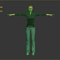 Red Haired Person In Black Top And Green Pants With Arms Outstretched On Gray Background