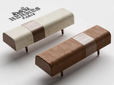 Modern Sofa Benches with Beige Fabric Brown Leather Wooden Panels and Metal Legs 3d model