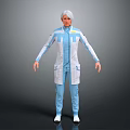 A Woman with Silver Hair in Blue and White Outfit Against Grey Background