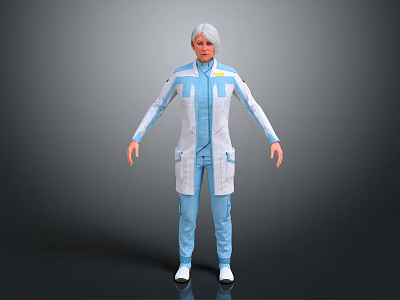 A Woman with Silver Hair in Blue and White Outfit Against Grey Background 3d model