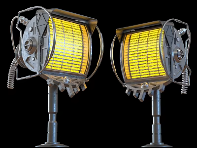 Two Vintage Metal Lamps With Yellow Glowing Grilles Coiled Cords And Industrial Bases 3d model