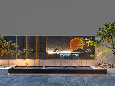 Modern Scenic Wall with Waterfall Feature Sun shaped Orange Decor and Green Plant Surroundings 3d model
