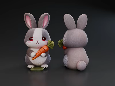 Cute Grey White Rabbit Plush Toys With Carrot Red Eyes And Big Ears 3d model