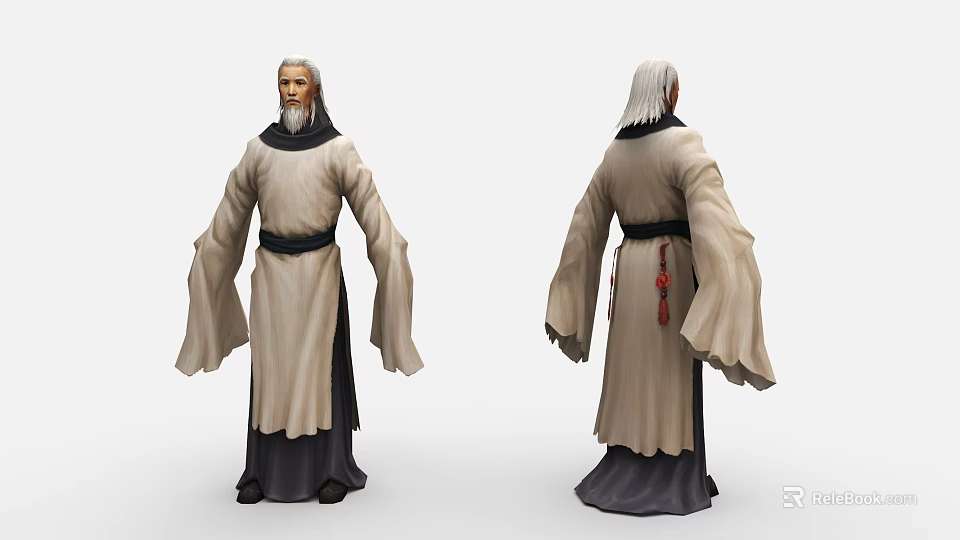 Game and Movie Character in Long Robe with White Hair Front Back Views 3d model 