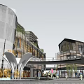 Vibrant Commercial Street Featuring Shopping Areas Central Fountain Tall Buildings and Pedestrians