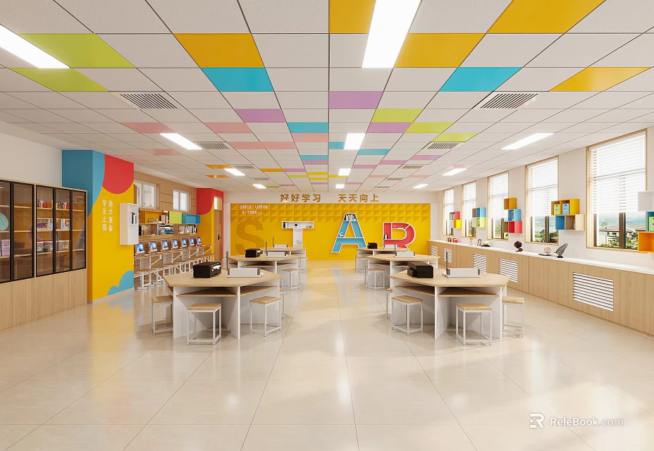 School Cafeteria Interior With Colorful Ceiling Yellow Walls Tables And Storage Cabinets 3d model 
