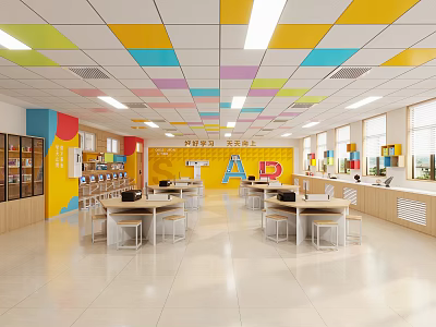 School Cafeteria Interior With Colorful Ceiling Yellow Walls Tables And Storage Cabinets 3d model