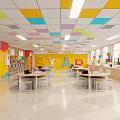 School Cafeteria Interior With Colorful Ceiling Yellow Walls Tables And Storage Cabinets
