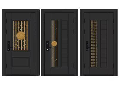 Black Swing Doors Featuring Elegant Golden Traditional Chinese Decorative Patterns For Home 3d model