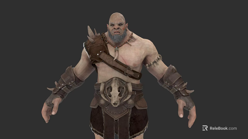 Bald Bearded Game Movie Warrior Character With Shirtless Torso Skull Belt And Spiked Armor 3d model 