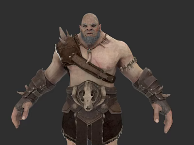 Bald Bearded Game Movie Warrior Character With Shirtless Torso Skull Belt And Spiked Armor 3d model