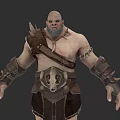Bald Bearded Game Movie Warrior Character With Shirtless Torso Skull Belt And Spiked Armor