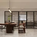 Modern Office Interior With Wooden Wall Panel Large Conference Table And Green Plants Hanging Lights