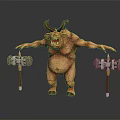 Game and Movie Character Mythical Horned Beast Wielding Double Iron Hammers In Aggressive Battle Stance