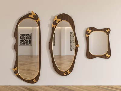 Three Decorative Wall Mirrors With Wooden Frames And Butterfly Accents In Modern Interior 3d model