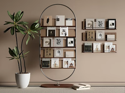 Round Metal Frame Bookcase With Multiple Shelves Books Frames Decorations Green Plant And Light Wall 3d model