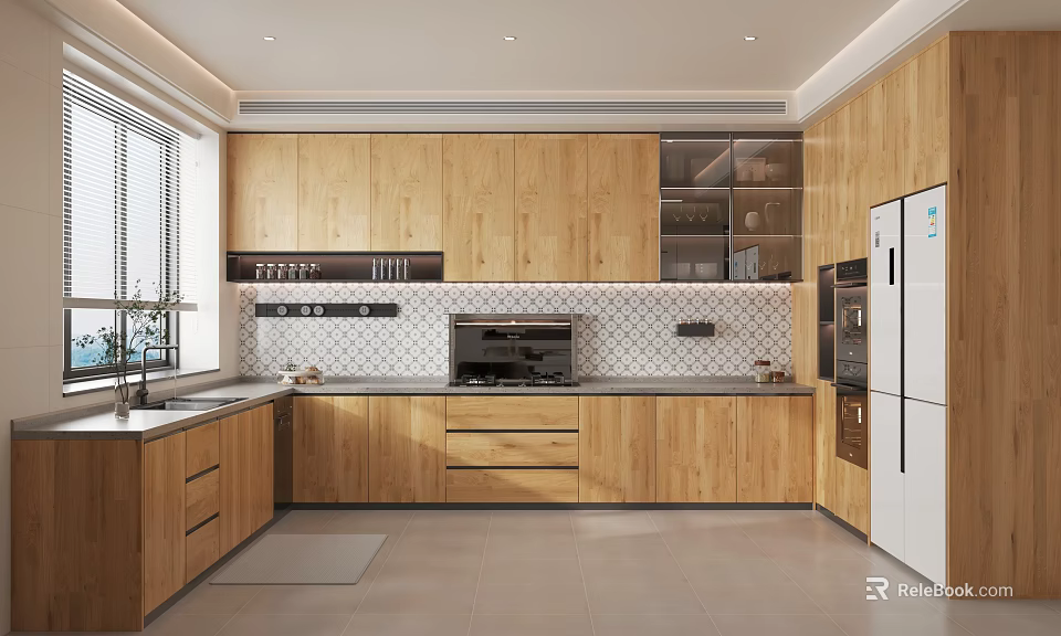 Modern Kitchen Interior With Wooden Cabinets White Refrigerator And Tile Backsplash 3d model 