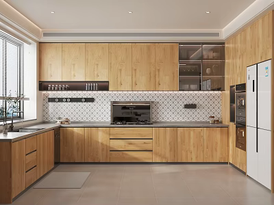Modern Kitchen Interior With Wooden Cabinets White Refrigerator And Tile Backsplash 3d model
