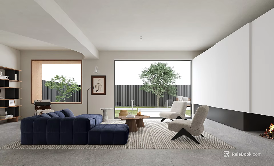 Modern Minimalist Living Room Interior With Navy Blue Sofa Armchairs Large Windows And Tree Outside 3d model 