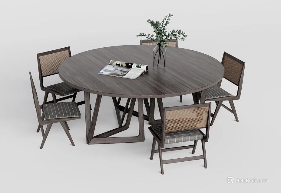Round Wooden Dining Table Set With Four Chairs Vase Green Plant And Magazine 3d model 