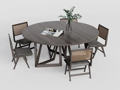 Round Wooden Dining Table Set With Four Chairs Vase Green Plant And Magazine 3d model