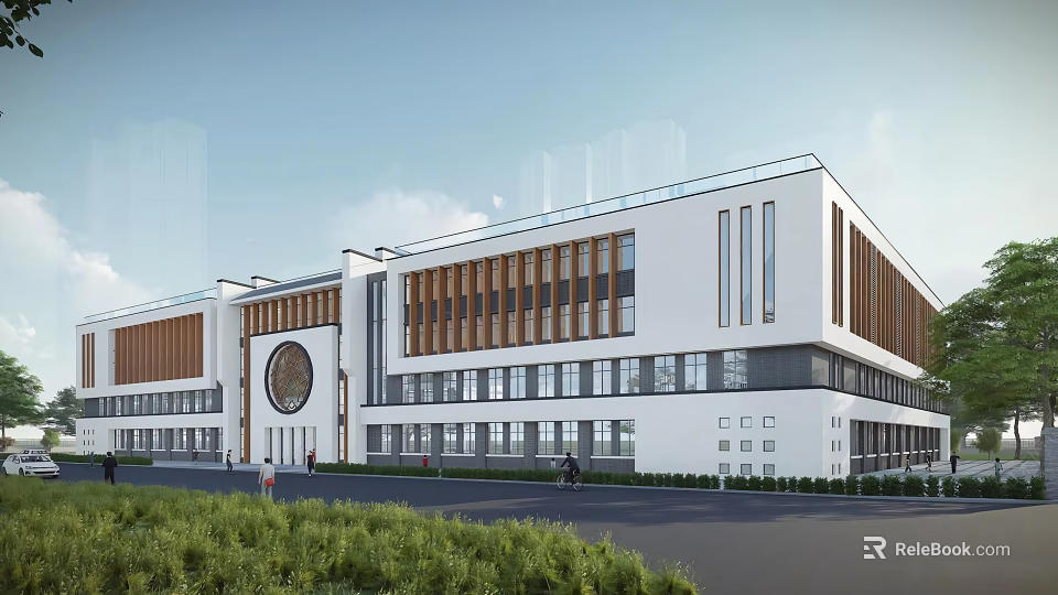 Modern Campus School Building With White Exterior Circular Design Wooden Accents And Green Lawn 3d model 