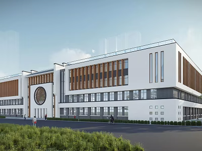 Modern Campus School Building With White Exterior Circular Design Wooden Accents And Green Lawn 3d model