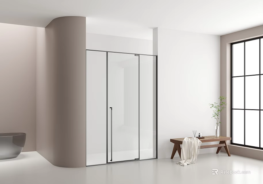 Modern Minimalist Bathroom Interior Design With Transparent Glass Shower White Walls And Wooden Bench 3d model 