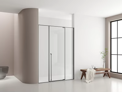 Modern Minimalist Bathroom Interior Design With Transparent Glass Shower White Walls And Wooden Bench 3d model