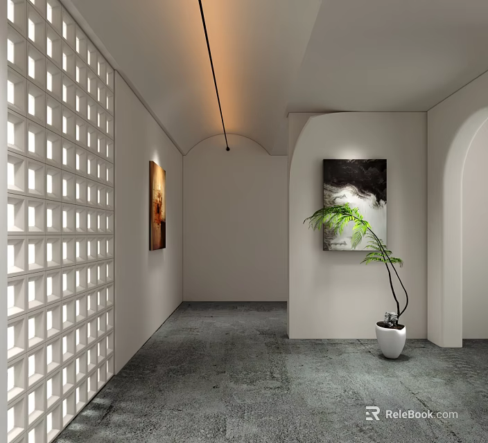 Long Strip Decorative Light in Modern Style Corridor with White Hollow Partition and Green Plant 3d model 