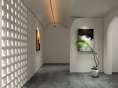 Long Strip Decorative Light in Modern Style Corridor with White Hollow Partition and Green Plant 3d model