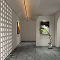 Long Strip Decorative Light in Modern Style Corridor with White Hollow Partition and Green Plant