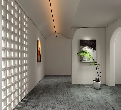 Long Strip Decorative Light in Modern Style Corridor with White Hollow Partition and Green Plant 3d model