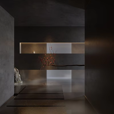 Modern Elevator Hallway With Concrete Walls Recessed Lighting And Decorative Branches 3d model