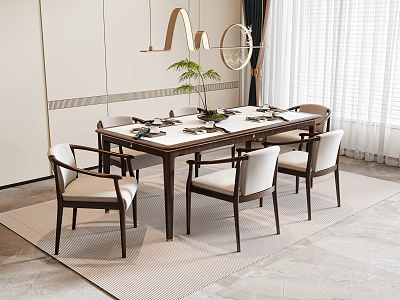 Modern Dining Table And Chairs Set With Wooden Frame Light Seats In Indoor Dining Room 3d model