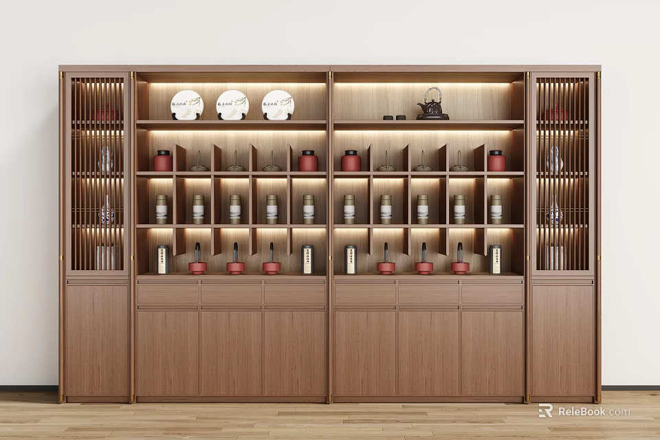Elegant Wooden Tea Cabinet With Open Shelves Holding Tea Sets Teapots Cups And Red Jars 3d model 