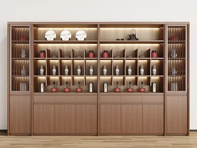 Elegant Wooden Tea Cabinet With Open Shelves Holding Tea Sets Teapots Cups And Red Jars 3d model