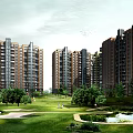 Modern High Rise Residential Complex With Central Garden Green Space And Swimming Pool
