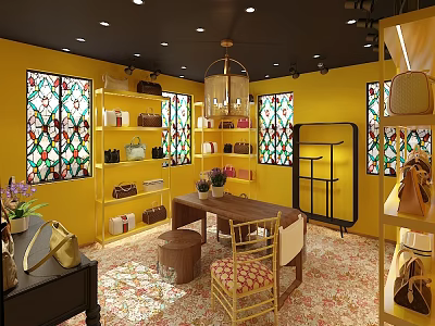 Mall Store Featuring Yellow Walls Stained Glass Windows Displaying Bags On Shelves 3d model