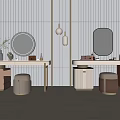 Modern Vanities With Round And Oval Mirrors Stools Pendant Lights On Striped Walls