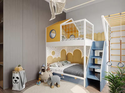 Cozy Modern Kids Room Interior With Bunk Bed Blue Ladder Yellow Accents And Stuffed Animals 3d model