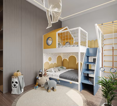 Cozy Modern Kids Room Interior With Bunk Bed Blue Ladder Yellow Accents And Stuffed Animals 3d model
