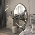 Elegant Modern Bedroom Dressing Table With Round Mirror Glass Top And Beige Drawers