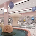 Indoor Playground With Green Plant Walls Swimming Pool Red Decorations Marble Floors And Seating Area
