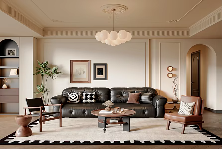 French Middle-style Living Room Sofa Coffee Table Combination Leisure Chair French Chandelier Potted Hanging Picture 3d model