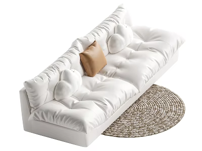 White Multi person Sofa with Plush Puffy Cushions and Brown Throw Pillow Near Woven Round Rug 3d model