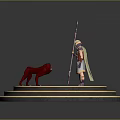 Warrior Figure With Spear Standing By Red Creature On Circular Tiered Platform 3d model