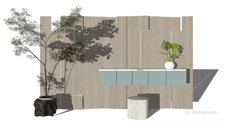Modern Geometric Wooden Wall Design With Green Plants Light Blue Cabinet And Stool 3d model 