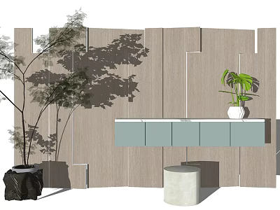Modern Geometric Wooden Wall Design With Green Plants Light Blue Cabinet And Stool 3d model