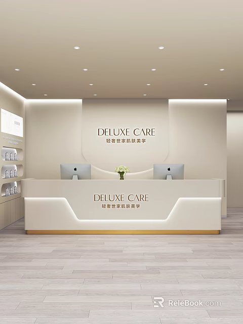 Deluxe Care Modern Shop Front Desk With Elegant Reception Computers Flower Decoration And Gold Trim 3d model 